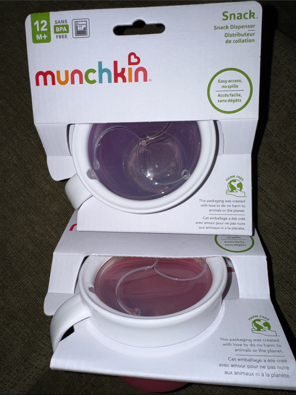 BNWT Munchkin Snack Dispenser Cups - Pink & Purple Lids